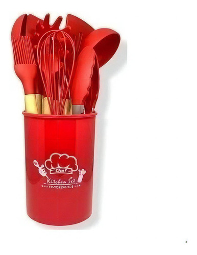 Kit 12 Pçs Utensílios De Cozinha Em Silicone Cabo Madeira Cor Vermelho