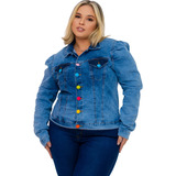 Jaqueta Jeans Feminina Plus Size Com Lycra Manga Princesa