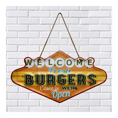 Placa Metal Decorativa Welcome Burgers Alto Relevo 40x22cm