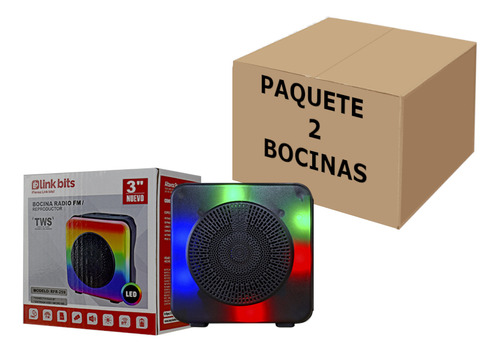 Bocina Cuadrada Portatil 3in Fm Usb Led Multicolor Tws 2pzs 