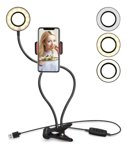 Tripode Flexible Usb C/aro Led + Control 65 Cm Pinza Celular