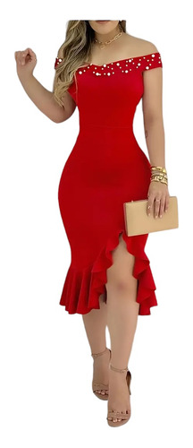 Vestido Dama Elegante Midi Hombros Descubiertos Con Perlas