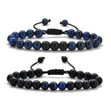 Conjunto Pulseras Onix Y Ojo De Tigre Azul Hombre Y Mujer .