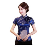 Blusa Chinesa Com Estampa Flor De Cerejeira Azul