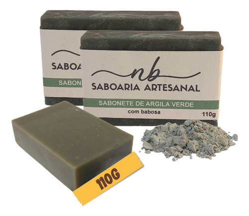 Kit 2 Sabonetes Artesanal Argila Verde Vegano Antiacne 110g