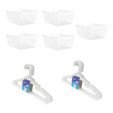 Kit 5 Cestos  Médio + 10 Cabides Transparente Infantil