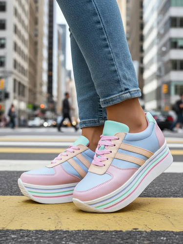 Tenis De Plataforma Alta Rosas Pastel Moda Juveniles