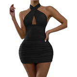 Vestido Halter Sexy Ajustado Cruzado Con Abertura Negro