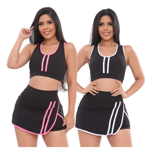 Kit 2 Conjuntos Short E Saia E Top Com Bojo Feminino Fitness