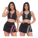 Kit 2 Conjuntos Short E Saia E Top Com Bojo Feminino Fitness