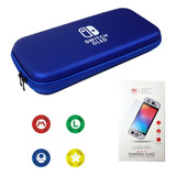 Case Nintendo Switch Oled Azul+ 4 Grips + Película Vidro