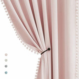 Cortinas Opacas Con Pompones Rosas, Cortinas Para Ventana