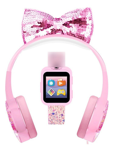 Set Audifonos Reloj Itouch Niña Rosa Glitter Unicornio Color De La Correa Rosa Moño