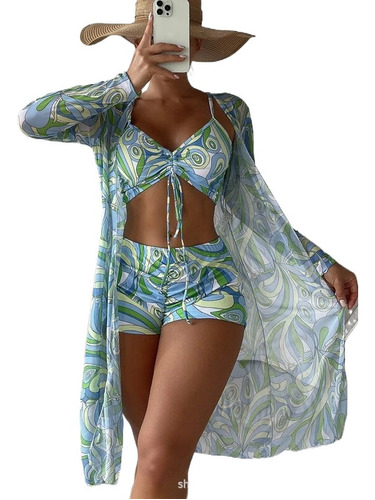 Bikini De Hilo Con Estampado Completo Y Kimono Playero