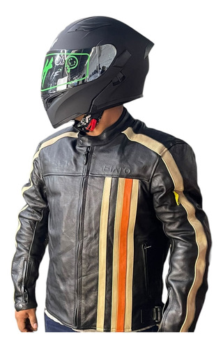 Conjunto Chamarra Piel L Y Casco Motociclista Hombre 