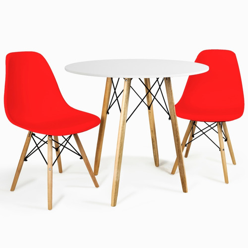 Mesa Jantar Redonda 80cm Branca 2 Cadeiras Eames Pés Madeira