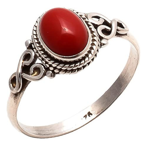 Anillo De Piedra De Coral Rojo Plata Esterlina 925 Anil...