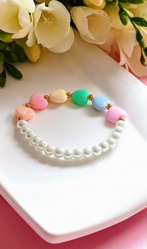 Pulsera Con Corazones, Colores Pasteles. Elastizada. De Moda