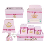 Kit Bebe Higiene Madeira Mdf Cor Rosa Coroa Quarto Menina