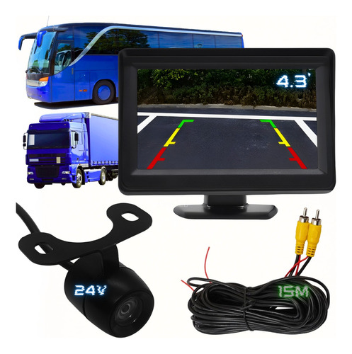 Tela 4.3 Lcd Camera De Ré 24v Para Caminhao Cabo 15 Metros