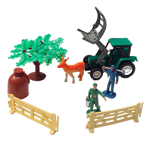 Set Tractor Con Acoplado Y Elementos Agro Animales 13 Pzs