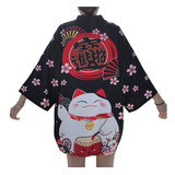 Abrigo Kimono Japonés Mujer Chica Gato De La Suerte