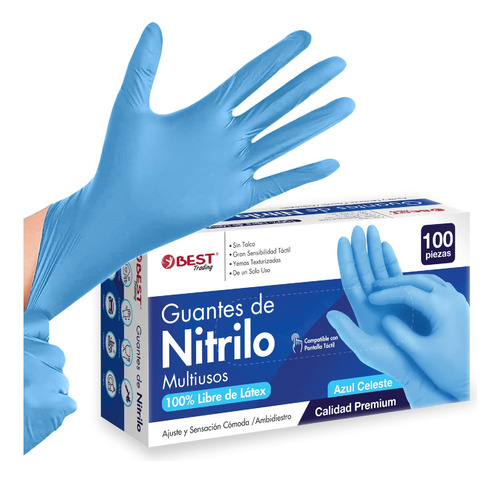 100 Guantes De Nitrilo Azul Premium Libre De Látex Sin Polvo