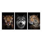 Cuadro Decorativo Tríptico Animales, Lobo, Leopardo, Tigre