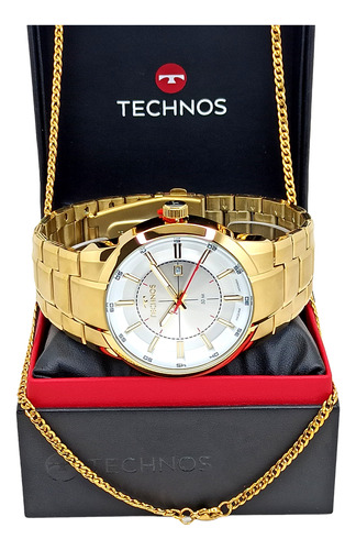 Relógio Masculino Dourado Technos Skymaster + Corrente 60cm