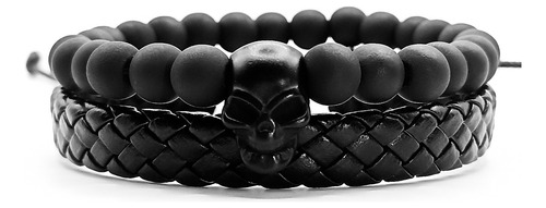 Kit 2 Pulseiras Masculinas Couro + Bolinha Preta Caveira Aço