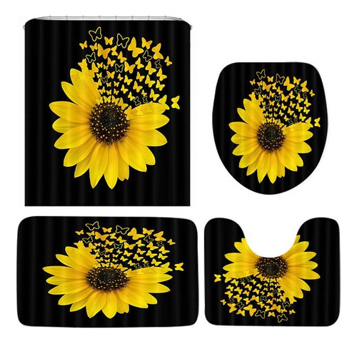 Set De Baño De 4 Piezas De Girasol Cortina Y Alfombra