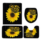 Set De Baño De 4 Piezas De Girasol Cortina Y Alfombra