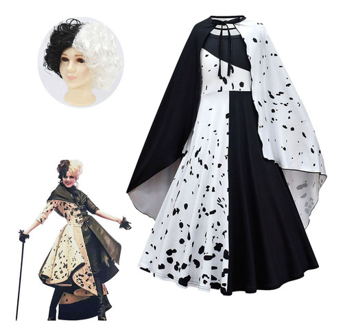 Disfraz Cos Para Cruella De Vil Con Peluca Halloween Niñas