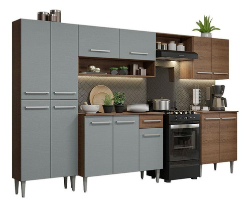 Armário Cozinha Completa Modulada Madesa Emilly Xa293001 Balcão Rc Cor Rustic/cinza