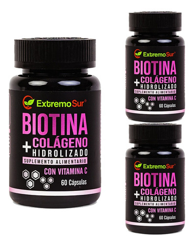 3 Biotina + Colágeno Hidrolizado+vitamina C - 180 Capsulas 