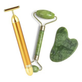 Rolo De Pedra Jade + Placa Gua Sha Com Massageador Eletrico