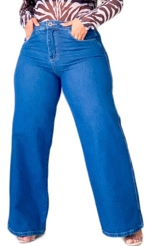 Calça Wide Leg Plus Size Jeans Cintura Alta Lisa Com Bolsos