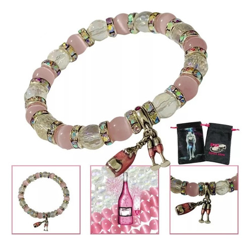 Pulseira Chakras Champagne Prata 925 Olho Gato Rosa Cristal 