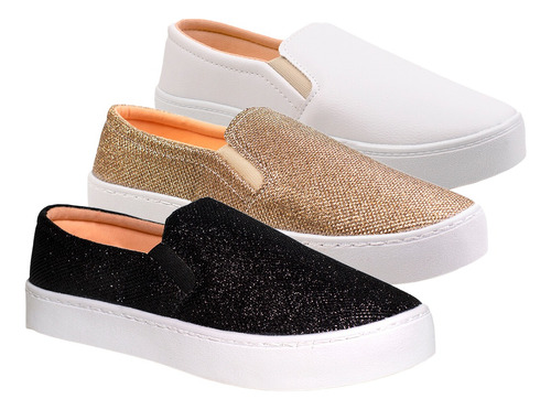 Kit 3 Pares Sapato Feminino Slip On Tênis Casual Impermeável