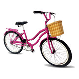 Bicicleta Retrô Aro 24 Com Cestinha Tipo Vime S/ Marcha Pink