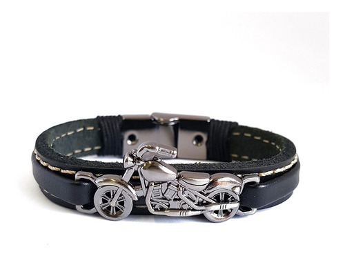 Pulseira Masculina Couro Legítimo Motociclista Moto Route 66