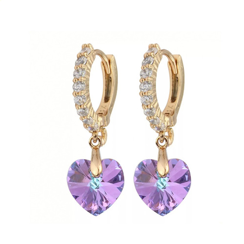 Aretes De Corazón Cristal Largos Swarovski Oro Laminado 18k