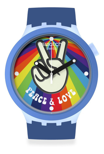 Reloj Swatch Big Bold Bioceramic Peace Hand Love Sb03n105 Color De La Correa Azul Color Del Bisel Azul Color Del Fondo Blanco