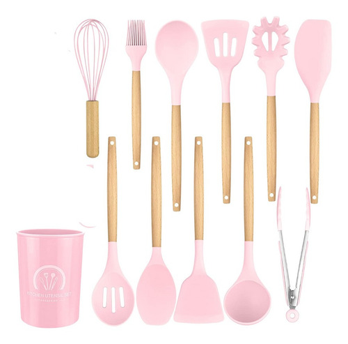 Juego Utensilios De Cocina Rosa Madera De Silicona 12 Pzs