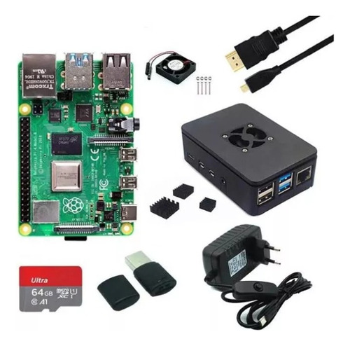 Kit Raspberry Pi4 4gb De Ram C/ Case+cartão 64gb +hdmi+fonte