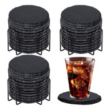 48 Pieces Round Slate Coasters With 4 Metal Holders 4 Inc...