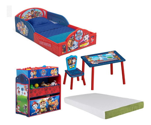 Set Infantil Cama Juguetero Mesa Silla Y Colchon Paw Patrol