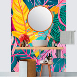 Papel De Parede Painel 3d Folhas Tropicais Colorida  1,5m