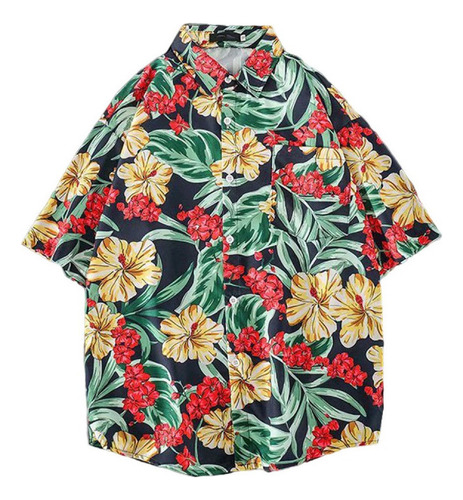 Camisa Holgada De Manga Corta Hawaiana Con Flores Para Hombr