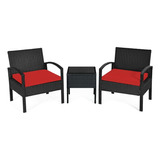 Set Patio Ratán Sintético 3 Pzs Negro Cojines Rojos Gpl